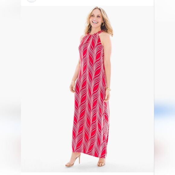 Chicos Travelers Classic Graceful Lines Printed Halter Maxi Dress Chinese Red 0 - Picture 6 of 13